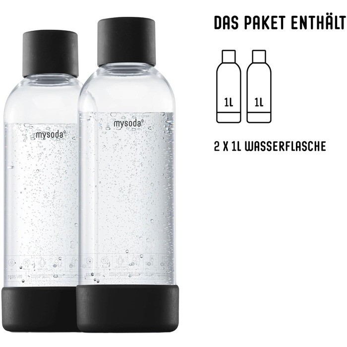 Багаторазова пляшка для води для виробника газованої води, пластик без бісфенолу А, з швидкознімним замком Quick-Lock, деталі з дерев'яного композиту, 2 x 1 л - чорний EU-2PB10-B