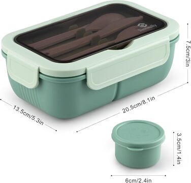 Ланчбокс Sinnsally з роздільниками, 1250 мл, набір. Контейнер для обіду для дорослих, коробка для сніданку, пенал для бутербродів з приборами. Ланч-бокс для перекусу, зелений колір.