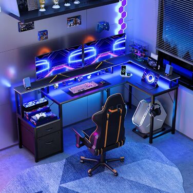 Кутовий письмовий стіл YOUDENOVA з шухлядами, L-подібний, 168x100 см, ігровий стіл зі світлодіодним підсвічуванням, комп&39ютерний стіл з розеткою та портом зарядки USB, офісний стіл, чорний, 168*100*88,5 см