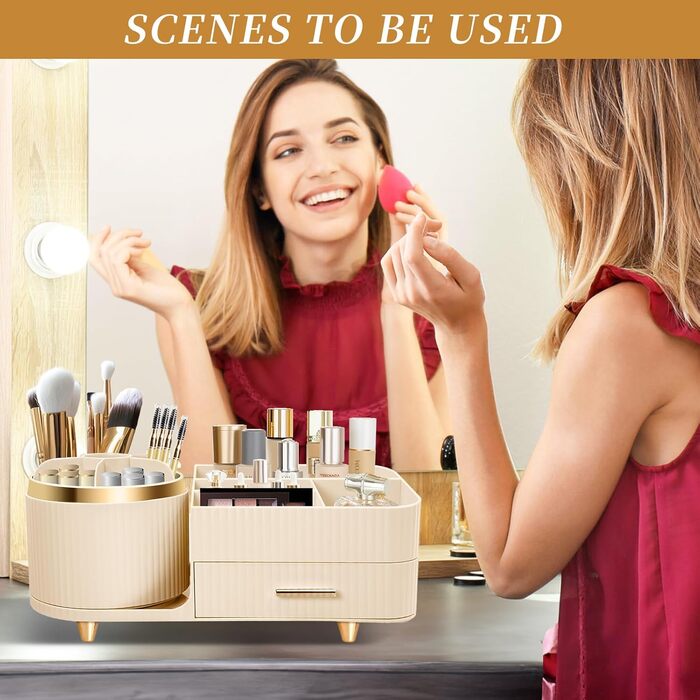 Органайзер для косметики Cinnani Make-Up, багатофункціональний косметичний органайзер, що обертається на 360, для туалетного столика, ванної кімнати та спальні, з багатофункціональною невеликою шухлядою (бежевий)