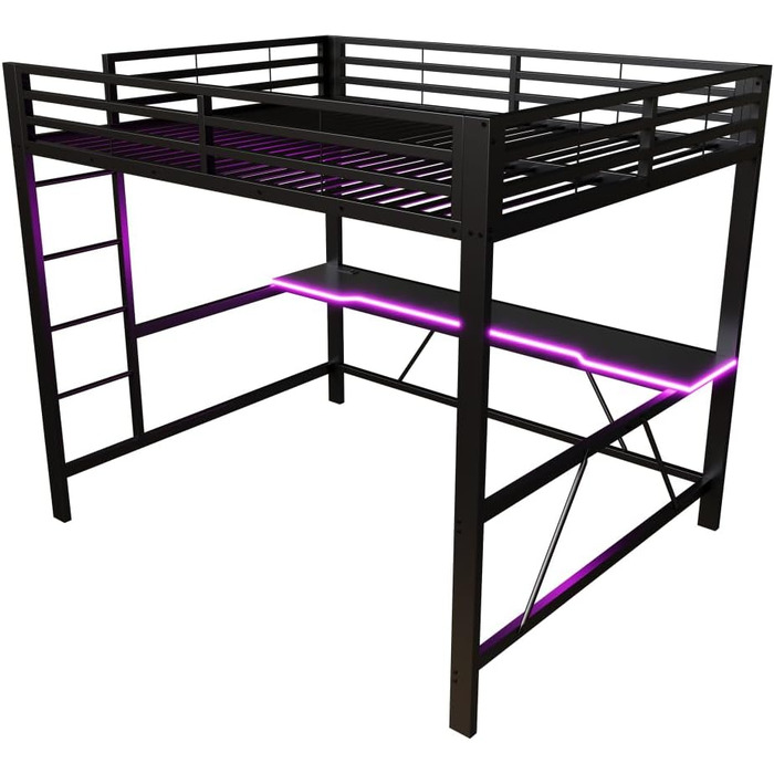 Каркас ігрового ліжка-горища з письмовим столом та світлодіодним підсвічуванням, USB-станція для зарядки, металевий каркас 160x200 см, чорний