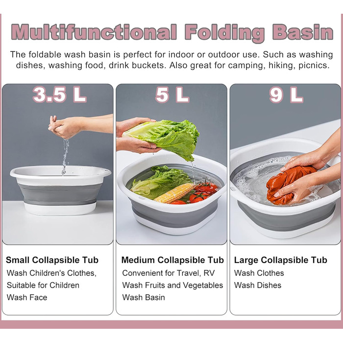 Складана мийка для миття посуду, 9 л, портативна мийка, силіконовий пластиковий кошик, багатоцільова мийка для подорожей на природі, кемпінгова мийка, компактна, складана, рожевий S, M, синій білий