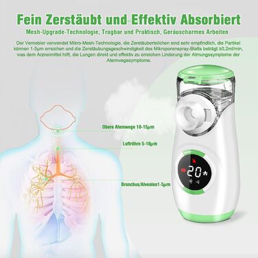 Інгалятор з цифровим дисплеєм, інгалятор для дорослих та дітей, інгалятор-небулайзер з маскою та мундштуком, надлегкий, маленький, зручний для перенесення, зелений