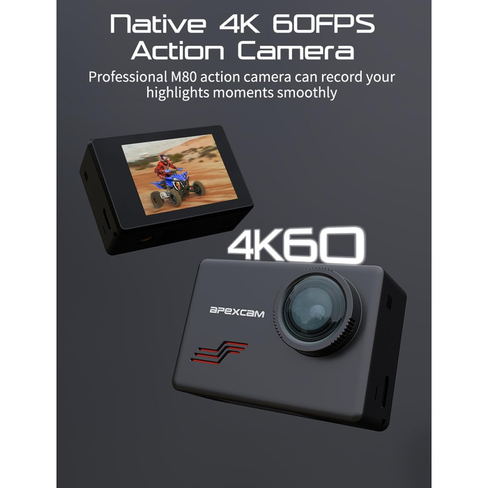 З картою 64G Action Cam 4K60FPS 48MP WLAN Спортивна камера Підводна камера 40 м Водонепроникна 170 Широкий кут 2.4G Пульт дистанційного керування 2x1350mAh Батареї з комплектом для кріплення, 80