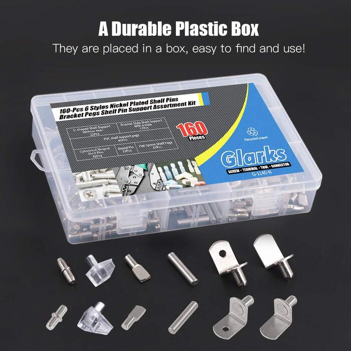 Кільцева підставка для полиць Glarks у 6 стилях, нікелеві опори для полиць, ПВХ-кільцева підставка для полиць, плоскі кілочки-ложки, циліндричні тримачі для кілочків, L-подібні кронштейни та штифти для шаф, 160 шт. різних розмірів