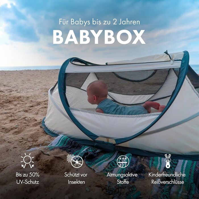 Кемпінгове ліжко Deryan BabyBox - легке, компактне та складне - розкладається всього за 2 секунди - 50 захист від ультрафіолету - вогнестійка тканина - в комплекті килимок для сну, москітна сітка та сумка для перенесення - кремовий