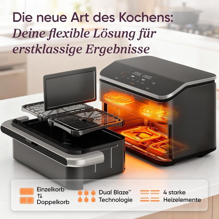 Аерофритюрниця Cosori Dual Blaze Twinfry, гнучкі камери, 10 л, Flex-кошик, матовий чорний