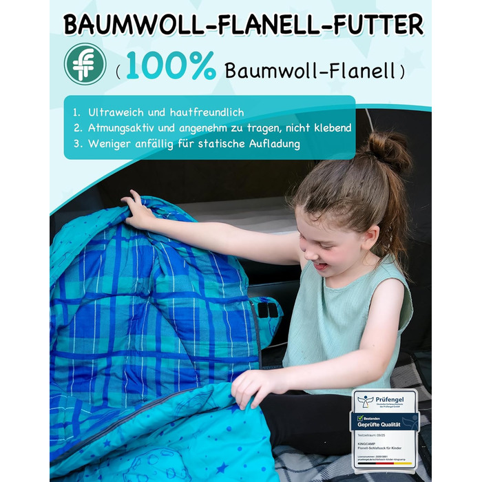 Дитячий фланелевий спальний мішок KingCamp, легкий, водонепроникний та компактний, зимовий спальний мішок, 4-сезонний спальний мішок-ковдра, аксесуар для кемпінгу, підходить для дітей зростом до 140 см, комфорт 7C, блакитне регулювання довжини