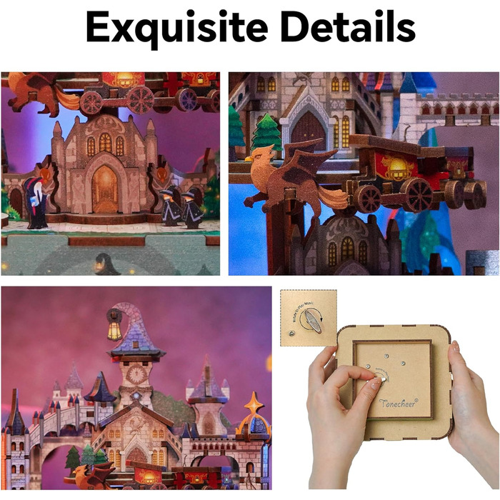 Музична шкатулка Tonecheer Дерев'яний 3D-пазл, набір моделей сім'ї котів своїми руками для дорослих, обертова музична шкатулка, дерев'яна головоломка Подарунки для прикраси будинку Подарунок на день народження Різдвяний підліток (Чарівний замок)