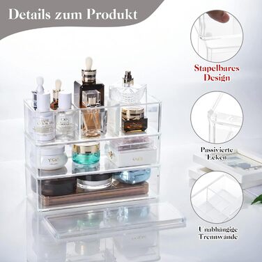 Рівневий органайзер для макіяжу, зберігання косметики з кришкою, контейнер для пензлів для макіяжу, органайзер для макіяжу для туалетного столика, ванна кімната, прозорий, 3-