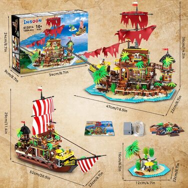 Міні-конструктор INSOON Pirate Shipwreck House зі світлодіодом, 2 в 1 Pirate Ship Building Block 1854 шт., Shipwreck Model Home Decor Піратський корабель Іграшка Подарунок для дорослих Діти Хлопчики від 10-12