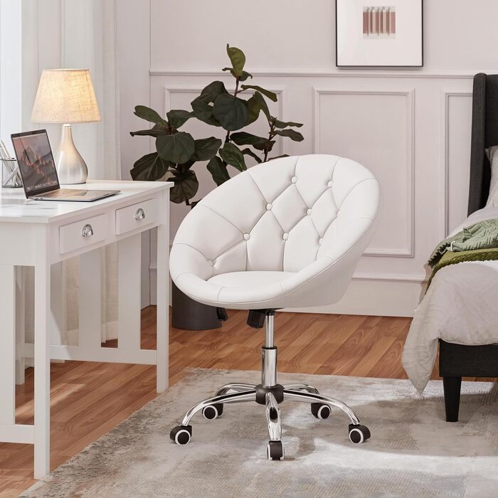 Крісло Yaheetech, Туалетне крісло, Крісло для домашнього офісу, Офісне крісло, Офісне крісло з регульованою висотою та м&39яким сидінням, Кругле поворотне крісло з колесами, Робоче крісло зі штучної шкіри, Біле