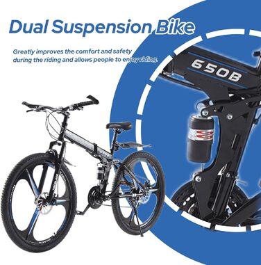 Дюймовий складний гірський велосипед, 21-швидкісна коробка передач Shimano, гірський велосипед з подвійною підвіскою, легка рама, гірський велосипед для чоловіків та жінок, складний спортивний велосипед для дорослих, чорно-синій, 27,5-