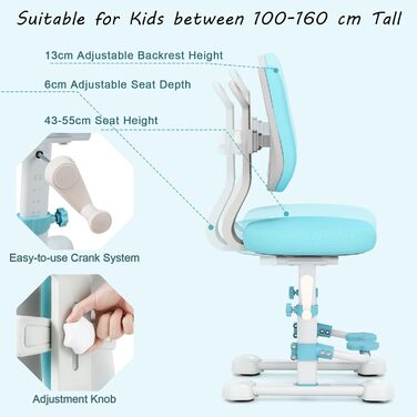 Дитяче письмове крісло LIFEZEAL, регульоване по висоті, ергономічна подвійна спинка, м&39яке поворотне крісло для навчання, комп&39ютерне крісло для хлопчиків та дівчаток, макс. 100 кг (Форма 1, Синій) Синій Форма 1