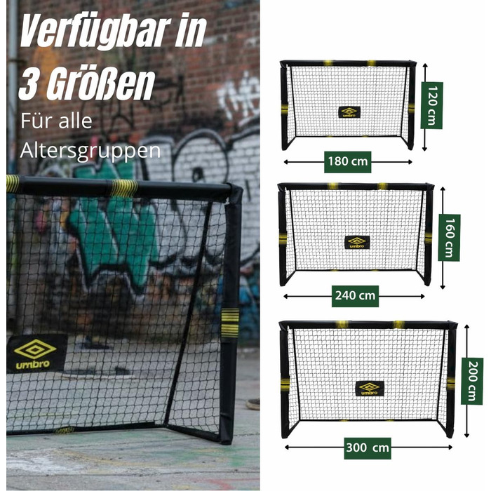 Футбольні ворота Umbro - Великі футбольні ворота - Футбольні ворота - Футбольні ворота для саду, дітей та дорослих - Тренувальний футбольний інвентар для приміщень та вулиці - Метал - Чорний/Жовтий 240x160x8 см