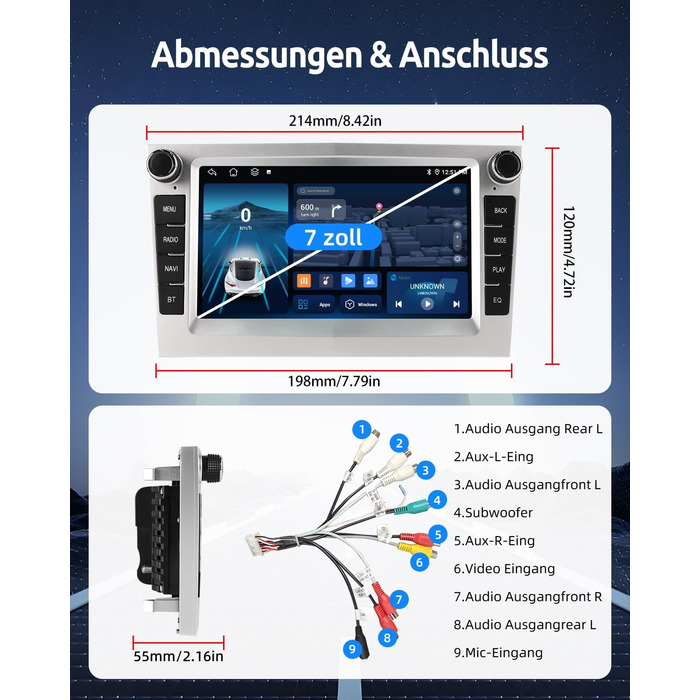 Автомобільне радіо ESSGOO 464G з бездротовим Carplay та Android для Vauxhall Opel Corsa C/D Zafira B Astra H Zafira b Meriva Vivaro Signum Combo з 7-дюймовим сенсорним екраном Bluetooth FM RDS GPS WiFi сріблястий