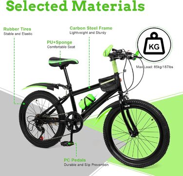 Дюймовий дитячий гірський велосипед, 7 швидкостей, для хлопчиків та дівчаток, подвійні дискові гальма, міський велосипед з вуглецевої сталі, підходить для дітей зростом 130-150 см, зелений, 20-