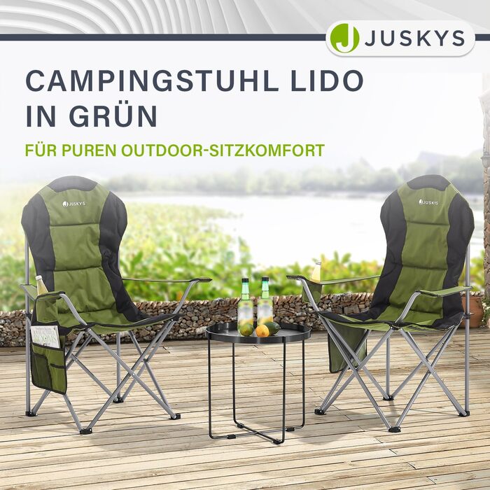 Складаний кемпінговий стілець Juskys Lido з тримачем для напоїв, бічною кишенею та сумкою для перенесення - М&39який складний кемпінговий стілець з підлокітниками та спинкою - 4 кольори зеленого кольору
