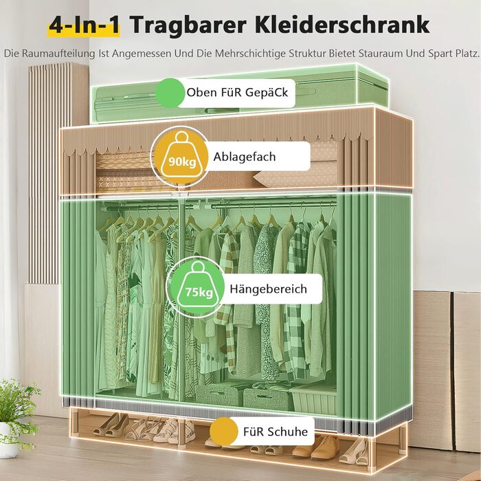 Тканинна шафа, міцна, тканинна розкладна шафа для спальні з рейкою для одягу та полицями, гардеробна шафа з вішалкою для одягу, 84x46x173 см, сіра смужка.