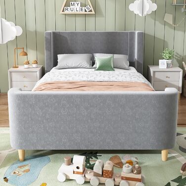 Дитяче м&39яке ліжко Merax 90x200 см, каркас одного ліжка з рейковою основою, високим узголів&39ям та ізніжжям, миле дитяче ліжко з креативним мультяшним візерунком, для хлопчиків та дівчаток, оксамит, матрац не входить до комплекту, сірий 90 x 200 см сір