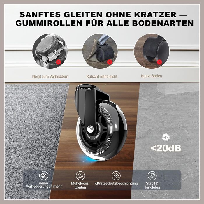 Офісне крісло BASETBL 200 кг, крісло керівника з 4-рівневою газовою пружиною, 3D-підлокітники, регульована поперекова опора та підголівник, тихі гумові ролики, широке сидіння XXL, EN12520, ергономічне офісне крісло чорного кольору з гумовими роликами