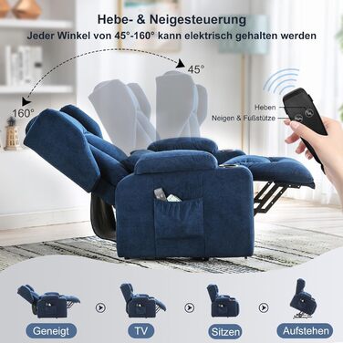 Крісло-реклайнер COMHOMA з функцією підйому, масажне крісло з тканинною поверхнею, електричне підйомне крісло, крісло для телевізора з функцією підйому та відкиданням, тканина - синій