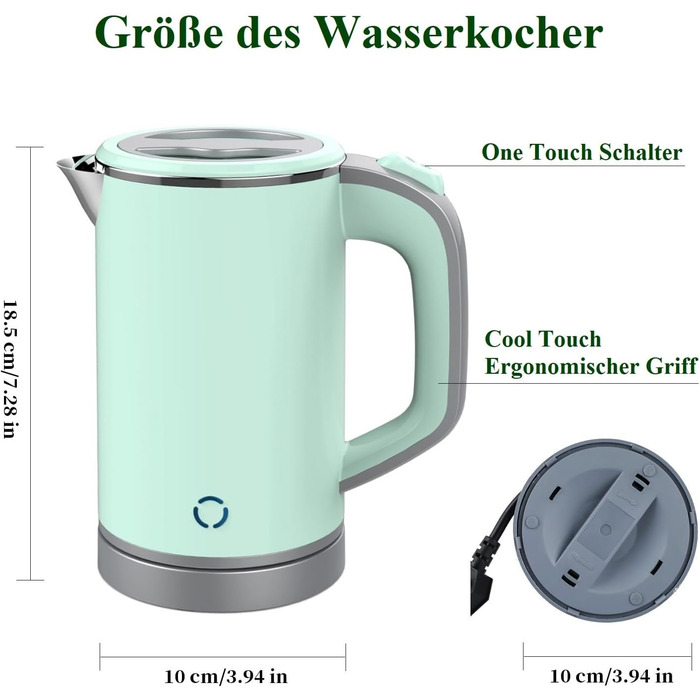 Туристичний чайник MiliPow 800 мл, 5 хвилин швидкого кип'ятіння, портативний чайник, міні-кемпінговий чайник, туристичний чайник, тихий, чайник з нержавіючої сталі (зелений)