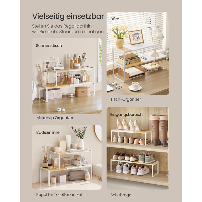 Стійка для спецій, набір з 2 шт. , висувна, кухонний органайзер, кухонна полиця, органайзер для шафи, тримач для спецій, кухня, невелика полиця, штабелюється, настільний органайзер, натуральний бежево-кремово-білий KCS051N01 2 натуральний бежевий кремово-