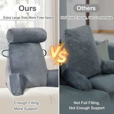 Подушка для читання Mingfuxin для ліжка, подушка для ліжка зі знімним валиком для шиї та вищим підлокітником для сидіння в ліжку, дивані, підлозі, подушка для читання зі спинкою для дорослих, подушка для спини для читання, перегляду телевізора, сірий полі