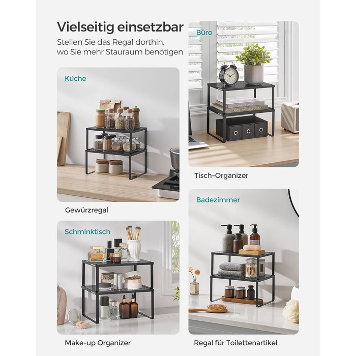 Стійка для спецій, Набір з 4 шт. , Кухонна полиця, Кухонний органайзер, Кухня, Тримач для спецій, Розширюваний, Штабелюється, Маленька полиця, Метал, Чорнильно-чорний KCS006B01