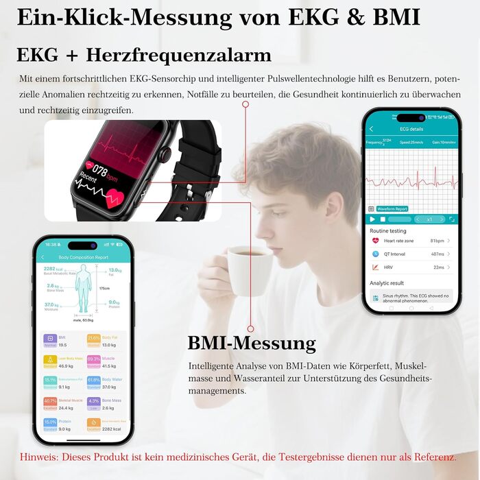 Розумний годинник 2026 для чоловіків та жінок з ЕКГ/годинником на батарейках/ІМТ/ВСР/сечовою кислотою/кров&39яним тиском, 1,57-дюймовий годинник для здоров&39я з функцією телефону, 24-годинний монітор серцевого ритму, SpO2, монітор сну/апное, фітнес-годин