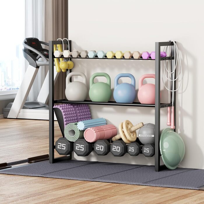 Регульована трирівнева стійка для штанг Pickpiff підставка для зберігання штанг, гирь та іншого компактний органайзер для домашнього спортзалу вантажопідйомність 170 кг