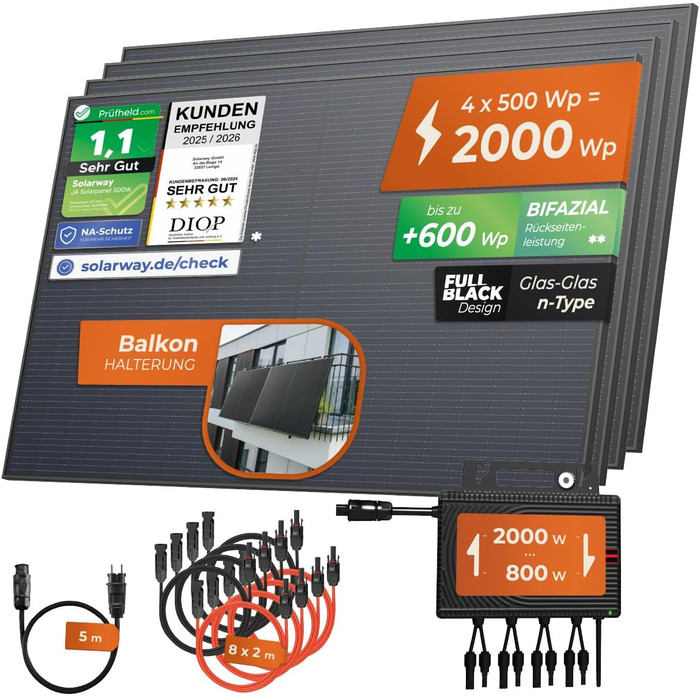 Балконна електростанція Solarway 2000 Вт у комплекті з розеткою - Найновіший інвертор 2000 Вт - Повний комплект сонячної системи - Сонячні панелі 500 Вт та Envertech та аксесуари для балконного кріплення 2000 Вт