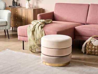 Пуф Beliani, оксамитовий, бежевий, круглий, Ø 39 см, золотий обідок, нержавіюча сталь, трирівневий градієнт кольорів, Louin