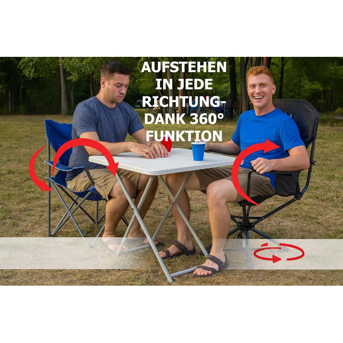 Складаний кемпінговий стілець, чорний, до 150 кг, із задньою кишенею для подушки або грілкової пляшки, обертається на 360