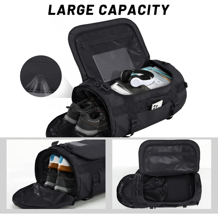 Велика водонепроникна спортивна сумка/рюкзак MIER з відділенням для взуття, що трансформується в рюкзак, 45 л/60 л/90 л, чорна, 90 л