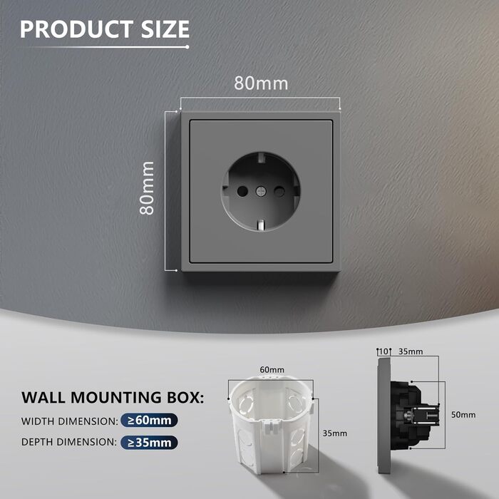Розетка BSEED Schuko для прихованого монтажу, настінна розетка 16 А з рамою ПК, одинарна розетка з кігтиками, 1 відділення сіра