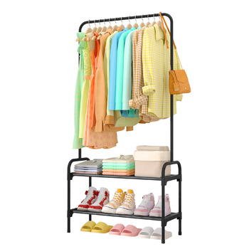 Вішалка для одягу - штанга для одягу з нековзними ніжками, шафа-стійка з 2-рівневим органайзером для взуття, вішалка для одягу для спальні, передпокою, 74 x 30 x 150 см, чорна 74 x 30 x 150 см чорна