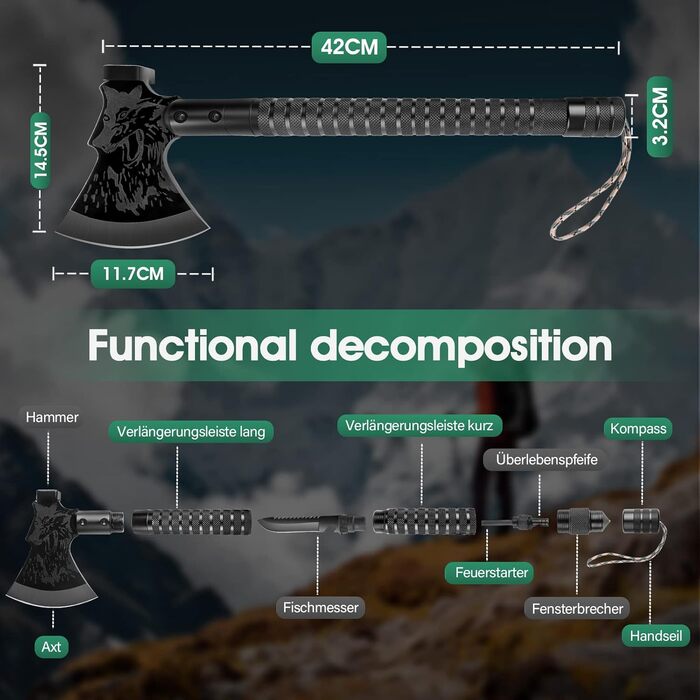 Тактичний сокира-мультитул Japaknives Survival Axt 10 в 1 сокира для розколювання дров, кемпінговий сокира з лезом, компасом та ножем для виживання. Подарунковий набір чорних сокир для кемпінгу, полювання та саду.
