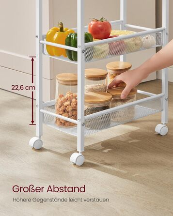 Ярусний візок на колесах, вузький кухонний візок, нішева полиця на колесах, сталь, ручка, для невеликих приміщень, 22 x 45,4 x 99,6 см, кухня, ванна кімната, вітальня, кабінет, дубово-білий LRC035W09 5 ярусів (22 x 45,4 x 99,6 см) дуб білий, 5-