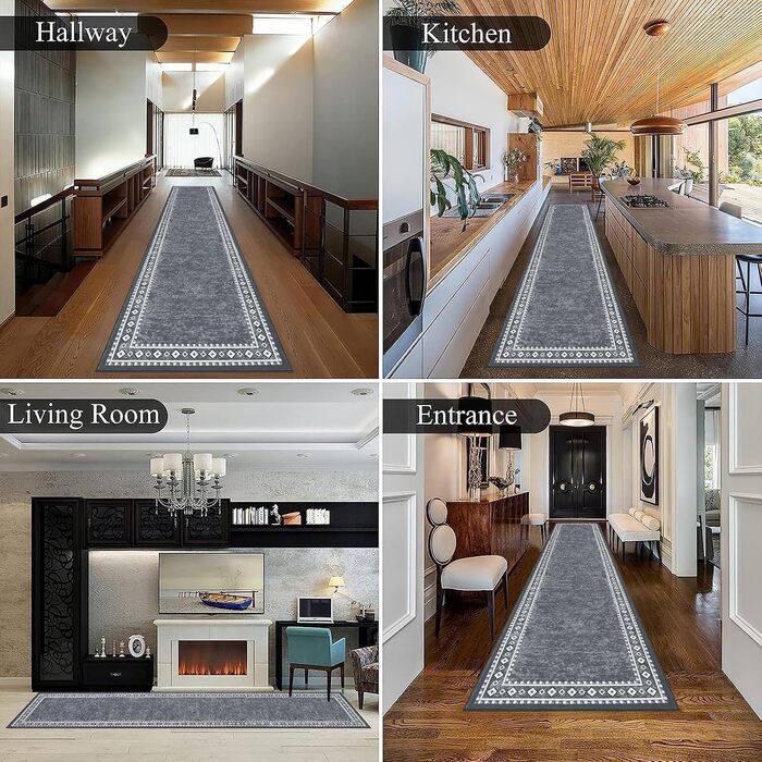 Довга килимова доріжка 66 x 300 см, що миється, нековзка доріжка, килим для передпокою, кухонна доріжка, міцний килимок для вхідних дверей, передпокою, входу, кухні, спальні (сірий) сірий 66 x 300 см