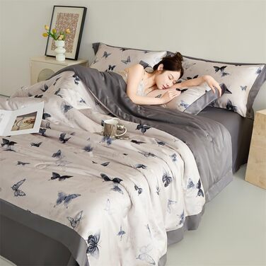 Атласне покривало, гладеньке як шовк, стьобана ковдра з метеликами та квітковим візерунком для двоспальних та односпальних ліжок, легке, м&39яке, штучний шовк, прохолодна літня ковдра (сірий, 200x230 см) сірий 200x230 см