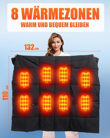 Бездротова ковдра з підігрівом та акумулятором 20000 мАг 7,4 В для чоловіків та жінок, 132110 см. Портативна електрична ковдра з підігрівом, 8 зонами нагріву та 3 температурними режимами для дому та офісу. Чорний колір акумулятор постійного струму 20000 м
