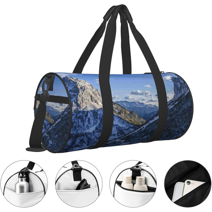 Спортивна сумка-мішок для подорожей, зимовий пейзаж з горами, сумка на ніч, чорна, універсальний розмір, дорожня сумка