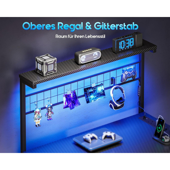 Ігровий стіл Coleshome зі світлодіодним підсвічуванням, 130 x 100 см, двосторонній ігровий стіл з шухлядами та розетками, кутовий стіл з відділенням для зберігання та полицями, чорний колір з вуглецевого волокна 130 x 100 см, чорний колір з вуглецевого во