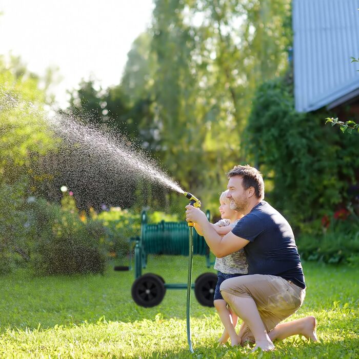 Садовий візок для шланга Relaxdays, до 60 м, 4 суцільні гумові колеса, швидке зєднання, металева бочка для шланга, зелений