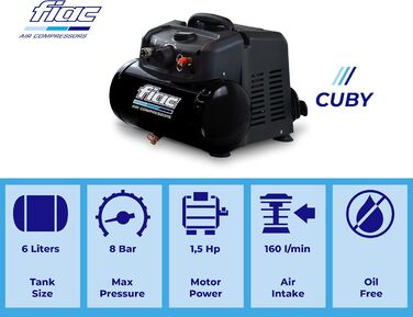 Переносний повітряний компресор FIAC CUBY, безмасляний, максимальний тиск 8 бар, 1,5 к.с., 6-літровий бак, рівень шуму 97 дБ