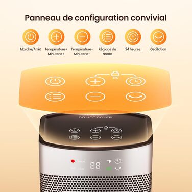 Енергозберігаючий електричний вентилятор-обігрівач, 1500 Вт з термостатом, коливальний електричний нагрівальний елемент 70, керамічний нагрівач PTC, тиха робота, режим ECO, 24-годинний таймер, захист від перегріву та перекидання, 41 см, сріблястий