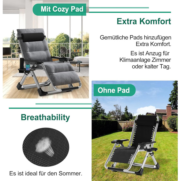 Складаний шезлонг з подушкою, вантажопідйомністю 200 кг, подвійне призначення, сидіння та лежання, регульований для вітальні, балкона, пляжу чи басейну (сірий)