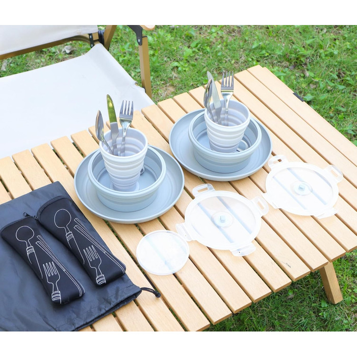 Набір столових приборів для кемпінгу, тарілки, миски, чашки для 2 осіб, складний портативний набір кемпінгових тарілок і мисок, набори кемпінгового посуду для кемпінгу, подорожей та активного відпочинку, сірий, 2 особи